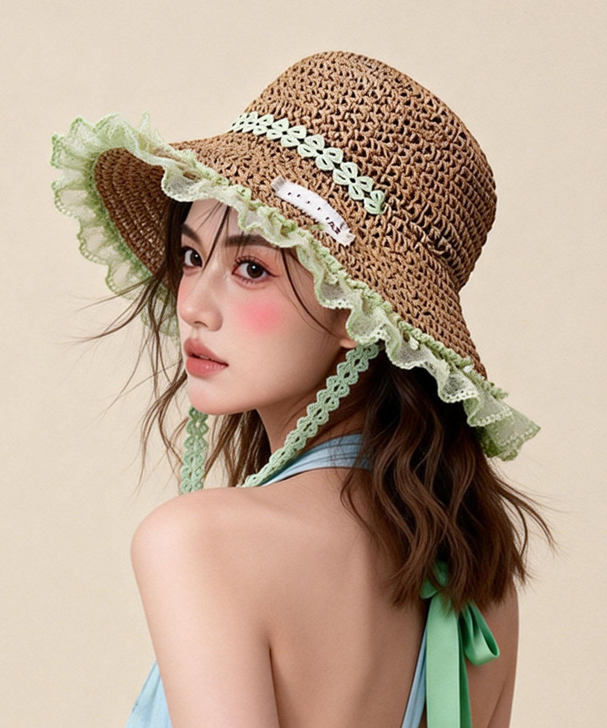 Cute Khaki Lace Strap Hollow Out Straw Woven Vacation Sun Hat