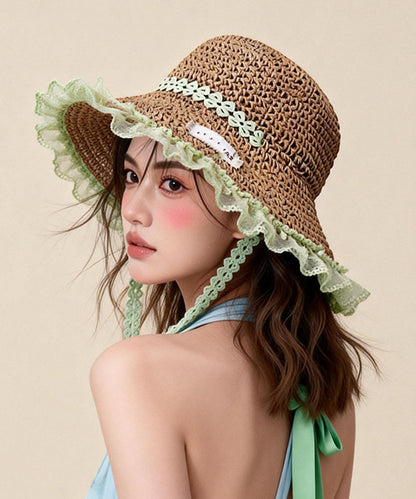 Cute Khaki Lace Strap Hollow Out Straw Woven Vacation Sun Hat