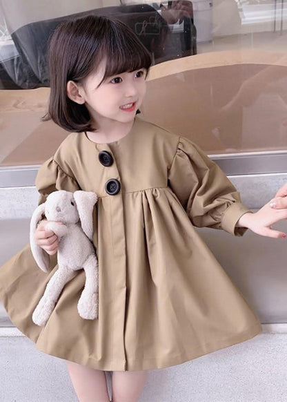 Cute Khaki O-Neck Patchwork Kids Mid Dresses Fall
