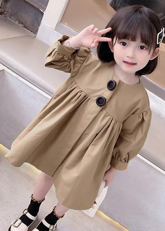 Cute Khaki O-Neck Patchwork Kids Mid Dresses Fall