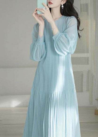 Cute Light Blue O-Neck Cinched Maxi Dresses Spring