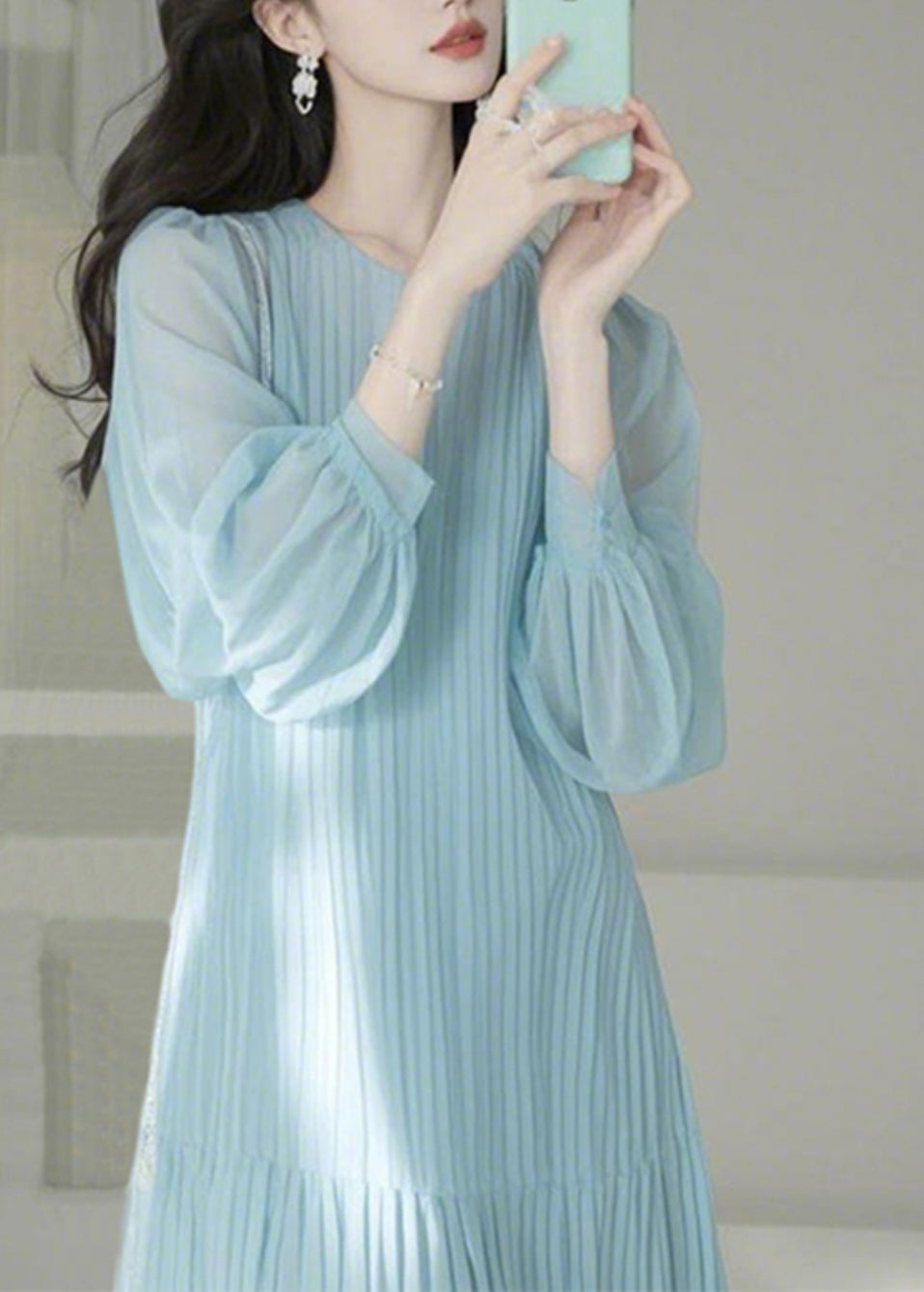 Cute Light Blue O-Neck Cinched Maxi Dresses Spring