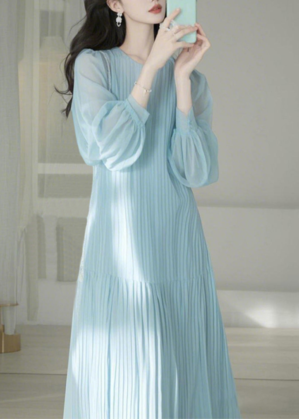 Cute Light Blue O-Neck Cinched Maxi Dresses Spring