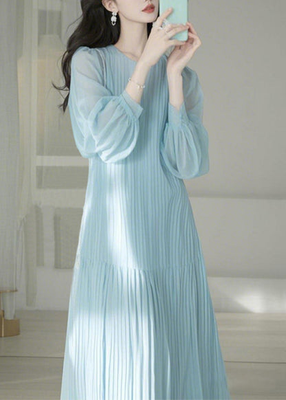 Cute Light Blue O-Neck Cinched Maxi Dresses Spring