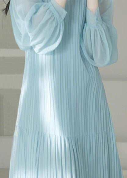 Cute Light Blue O-Neck Cinched Maxi Dresses Spring
