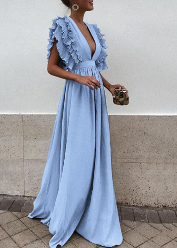 Cute Light Blue V Neck Ruffled Patchwork Maxi Dress Short Sleeve