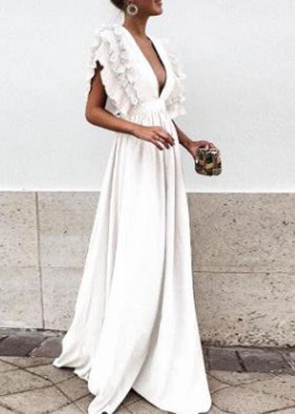 Cute Light Blue V Neck Ruffled Patchwork Maxi Dress Short Sleeve