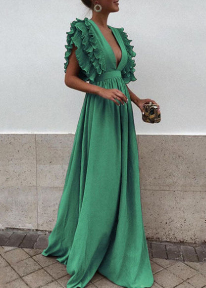 Cute Light Blue V Neck Ruffled Patchwork Maxi Dress Short Sleeve