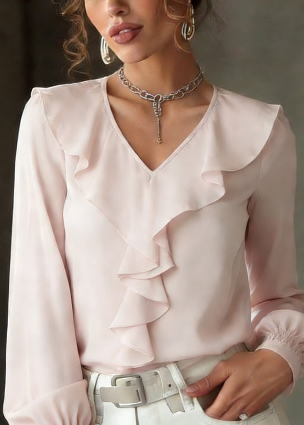 Cute Light Pink Ruffled Patchwork Silk Shirt Lantern Sleeve