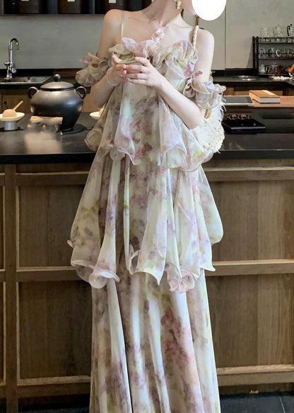 Cute Light Purple Ruffled Print Chiffon Maxi Cake Dress Summer
