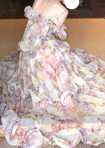 Cute Light Purple Ruffled Print Chiffon Maxi Cake Dress Summer