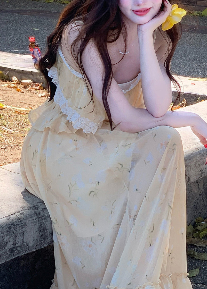 Cute Light Yellow Ruffled Lace Patchwork Vest And Maxi Skirts Two Piece Set Sleeveless