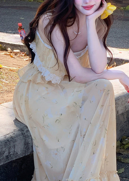 Cute Light Yellow Ruffled Lace Patchwork Vest And Maxi Skirts Two Piece Set Sleeveless