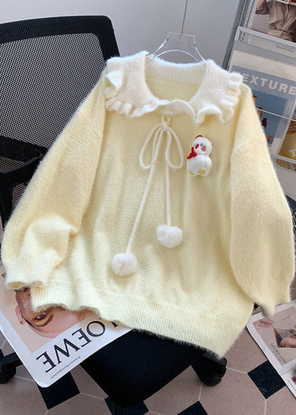 Cute Light Yellow Ruffled Warm Knit Sweater Tops Winter