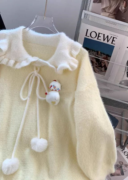 Cute Light Yellow Ruffled Warm Knit Sweater Tops Winter