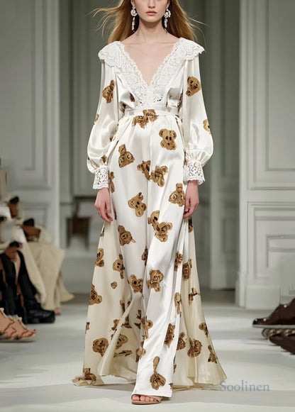 Cute Little Bear Print Patchwork Lace Silk Long Dress Spring
