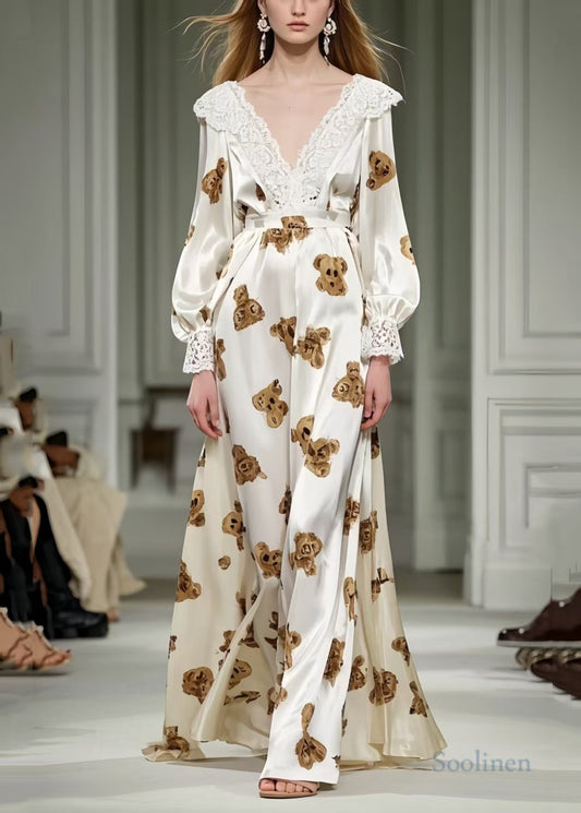 Cute Little Bear Print Patchwork Lace Silk Long Dress Spring