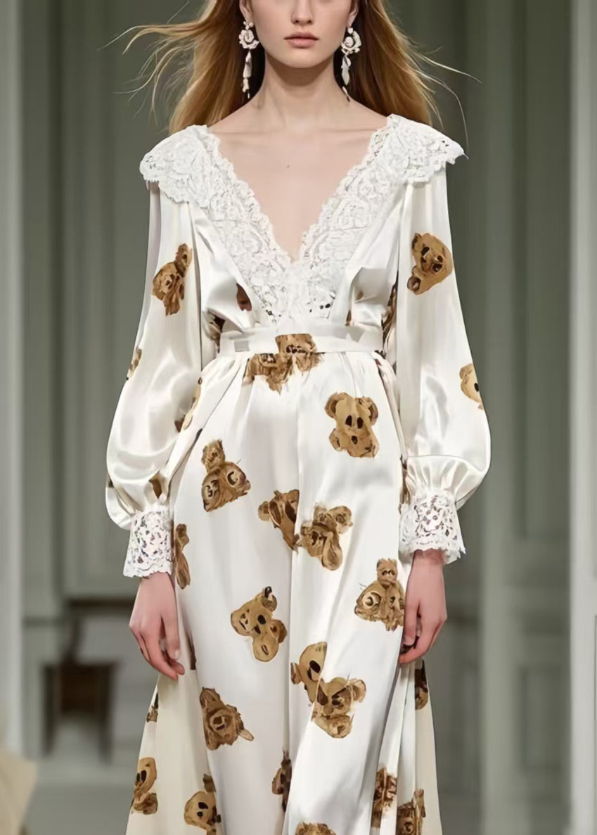 Cute Little Bear Print Patchwork Lace Silk Long Dress Spring