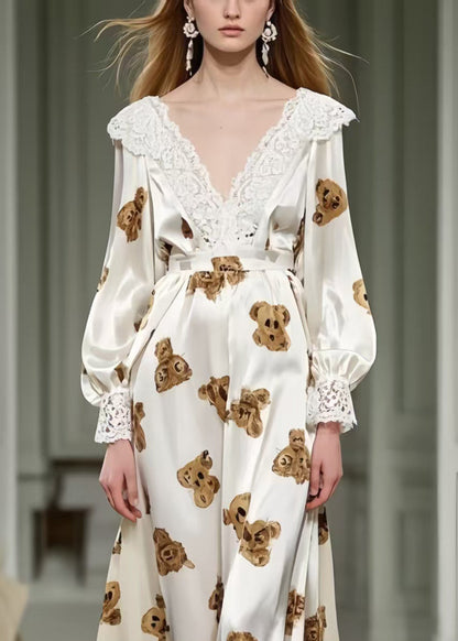 Cute Little Bear Print Patchwork Lace Silk Long Dress Spring
