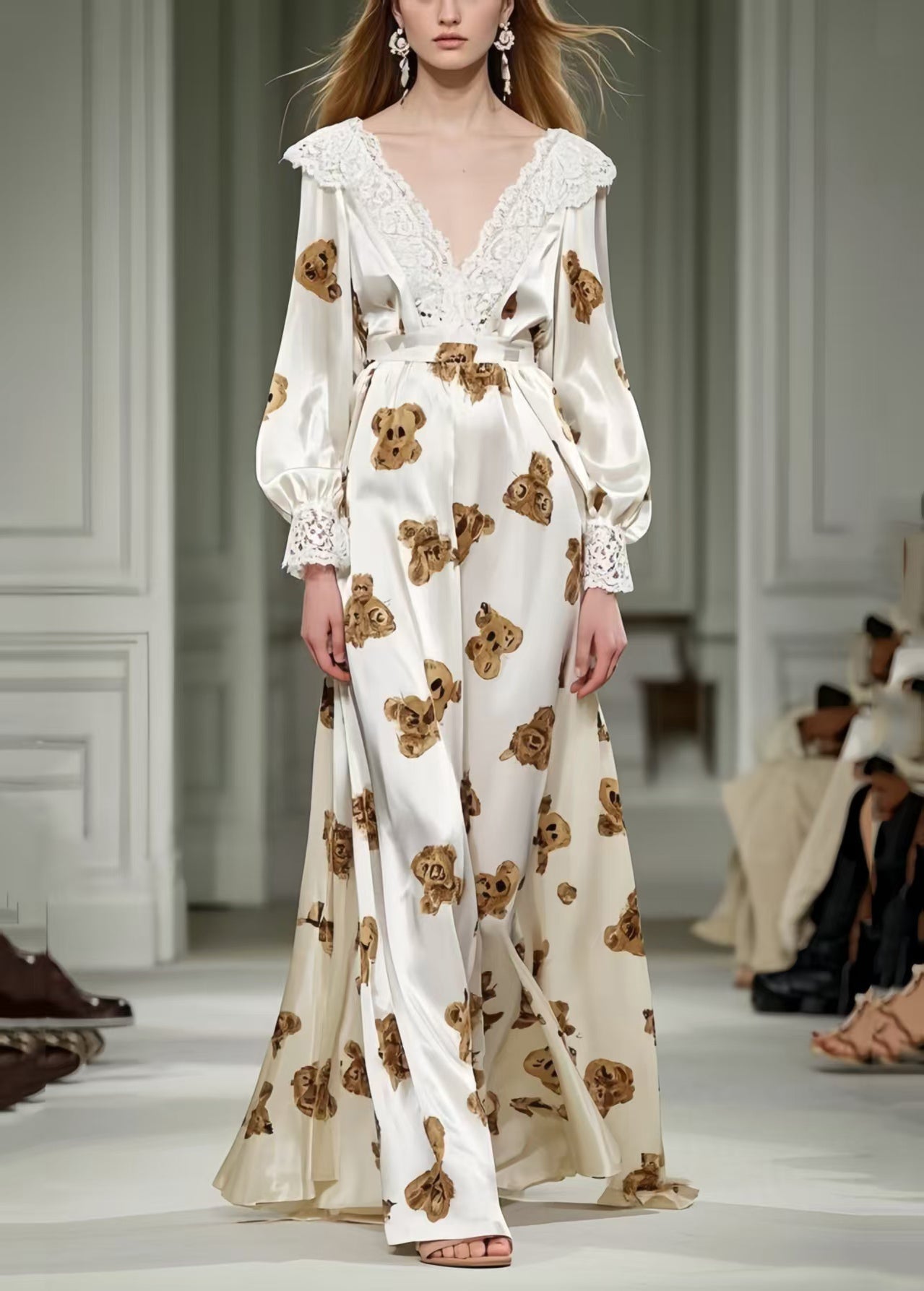 Cute Little Bear Print Patchwork Lace Silk Long Dress Spring