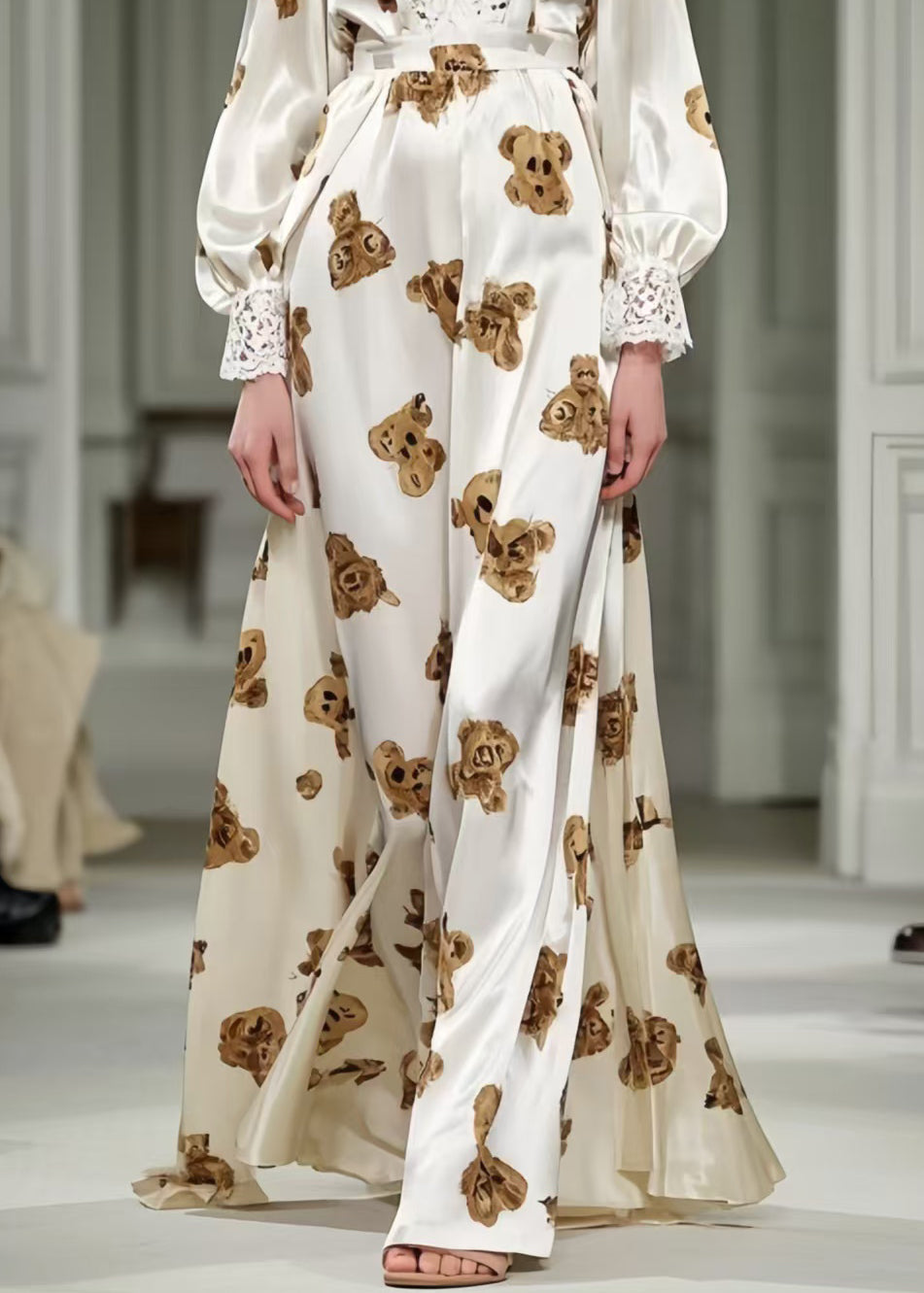 Cute Little Bear Print Patchwork Lace Silk Long Dress Spring