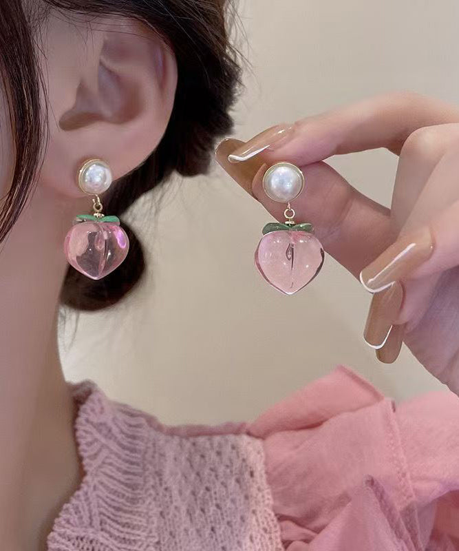 Cute Pink Alloy Acrylic Honey Peach Drop Earrings
