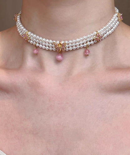 Cute Pink Alloy Pearl Cat's Eye Strawberry Beading Pendant Necklace Three-Piece Set