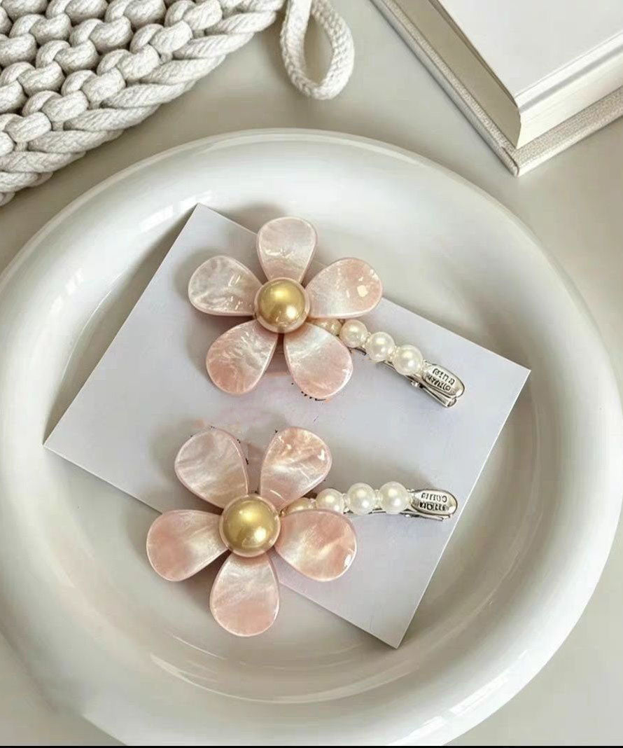 Cute Pink Alloy Pearl Floral A Pair Hairpin