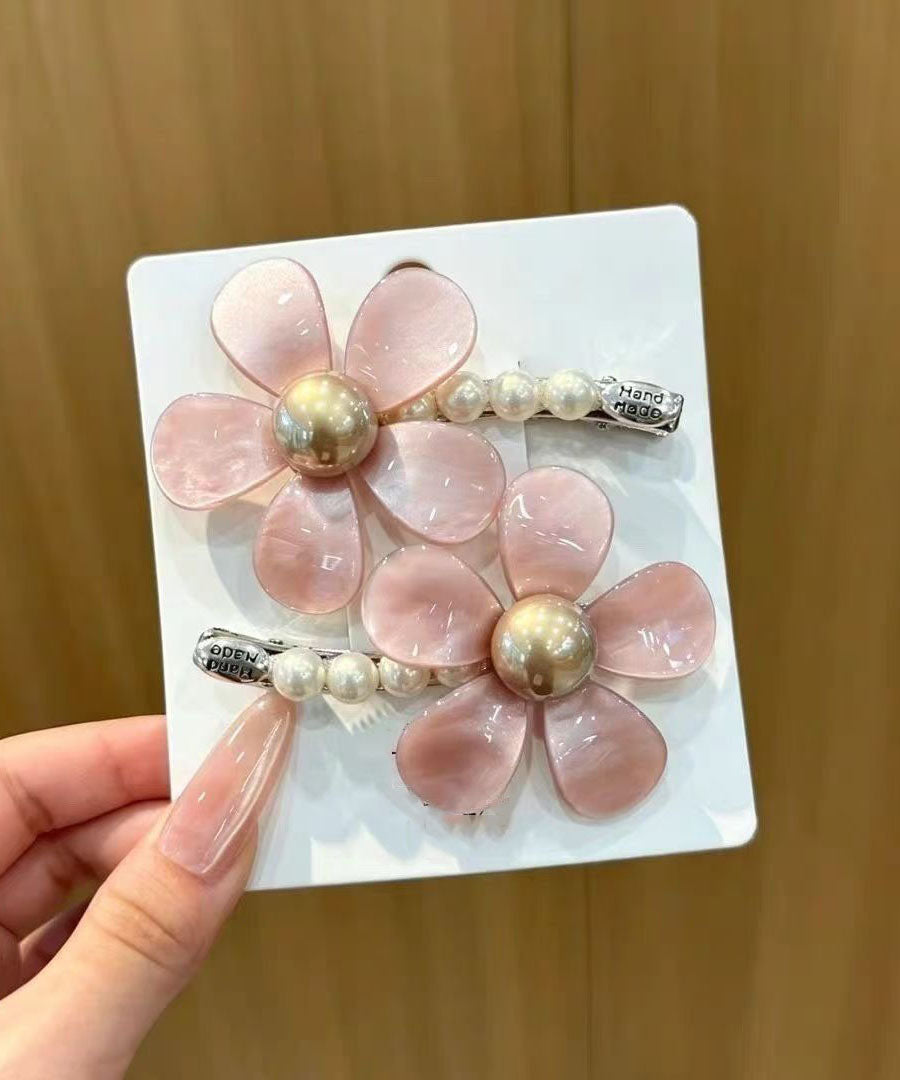 Cute Pink Alloy Pearl Floral A Pair Hairpin