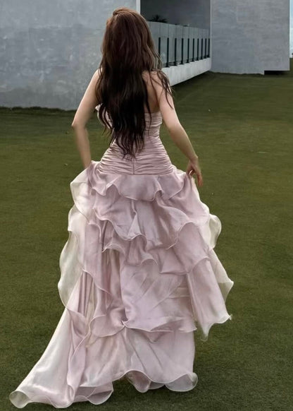 Cute Pink Asymmetrical Ruffled Patchwork Satin Long Dresses Sleeveless