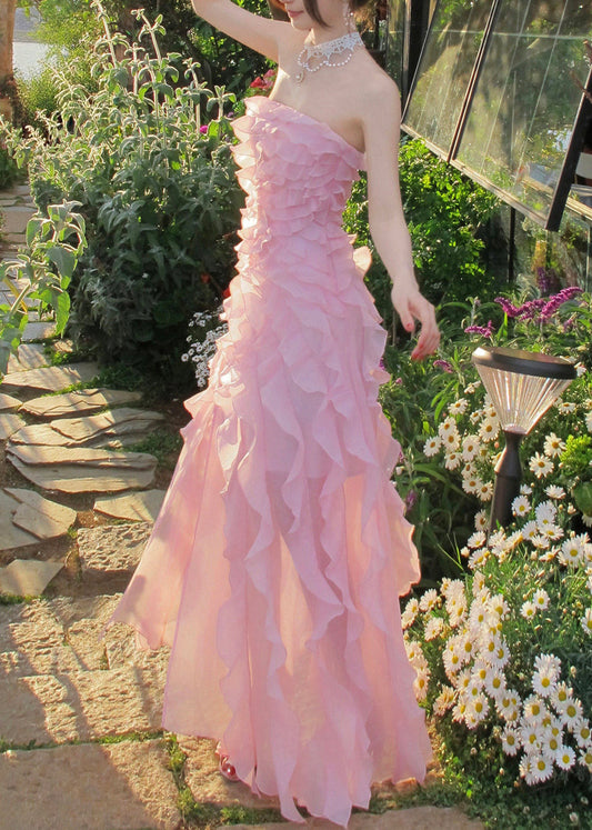 Cute Pink Cold Shoulder Ruffled Long Dress Sleeveless