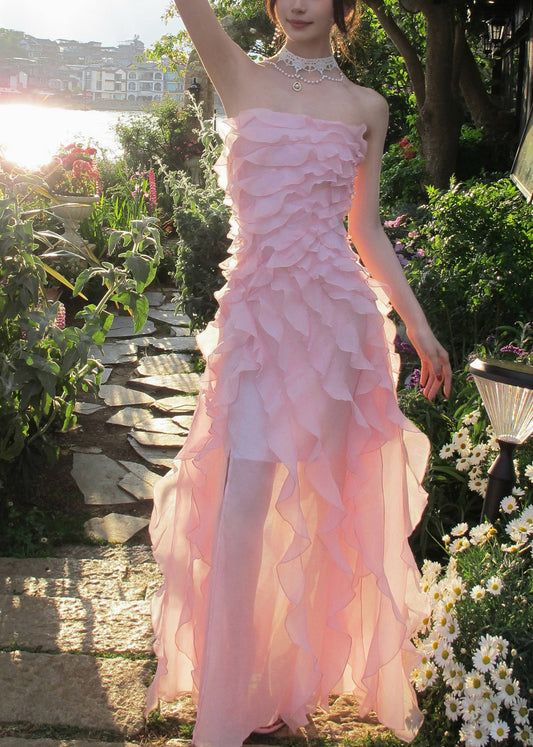 Cute Pink Cold Shoulder Ruffled Long Dress Sleeveless