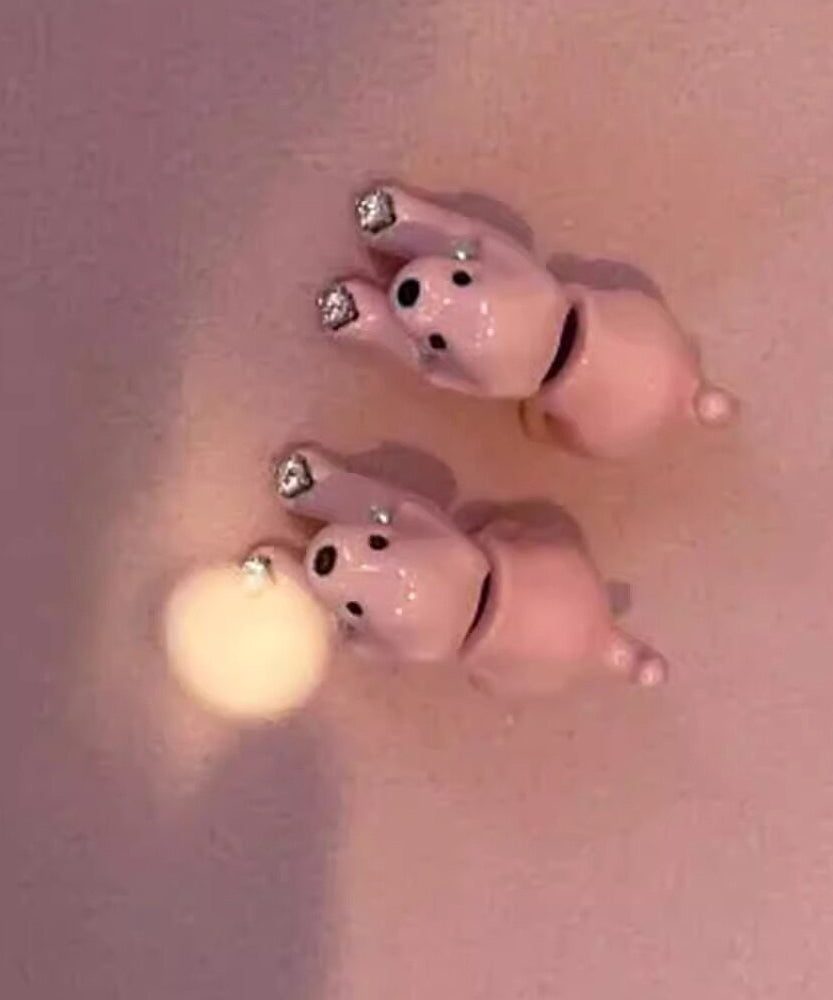 Cute Pink Copper Dripping Glaze Little Dogs Stud Earrings