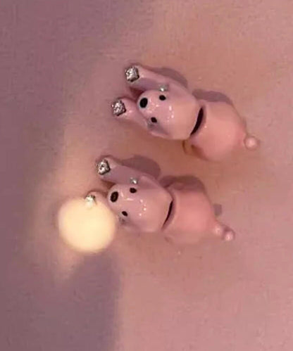 Cute Pink Copper Dripping Glaze Little Dogs Stud Earrings