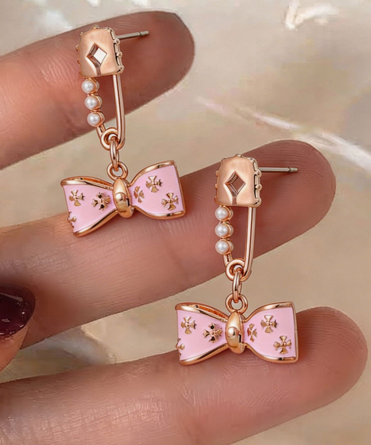 Cute Pink Copper Overgild Pearl Bow Drop Earrings