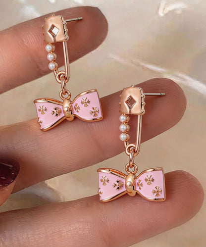 Cute Pink Copper Overgild Pearl Bow Drop Earrings