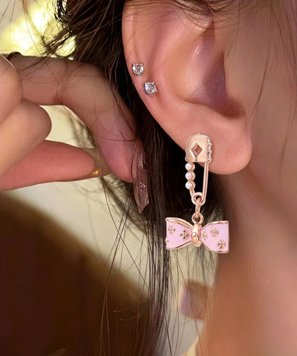 Cute Pink Copper Overgild Pearl Bow Drop Earrings