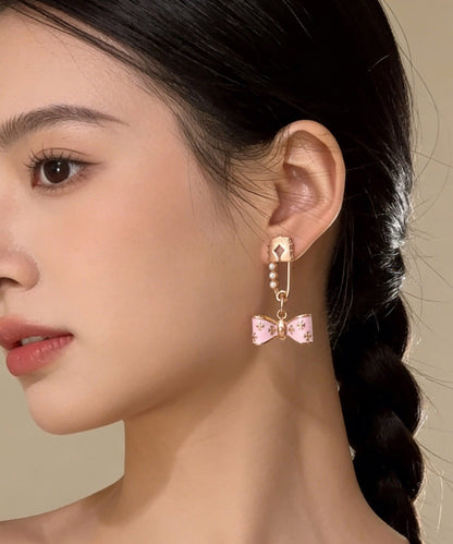 Cute Pink Copper Overgild Pearl Bow Drop Earrings