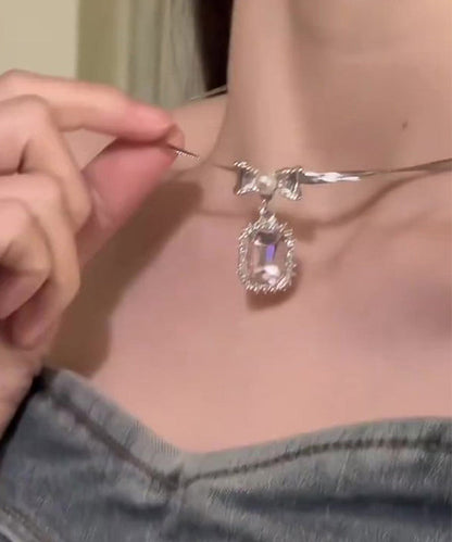 Cute Pink Copper Overgild Zircon Bow Pendant Necklace