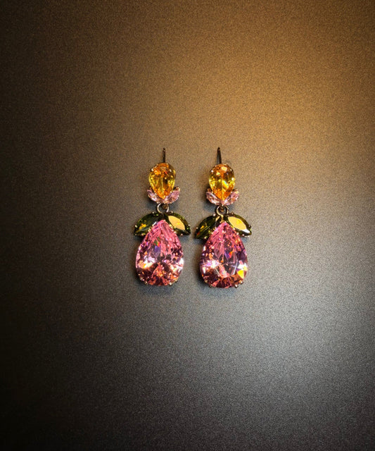 Cute Pink Copper Zircon Floral Water Droplet Drop Earrings