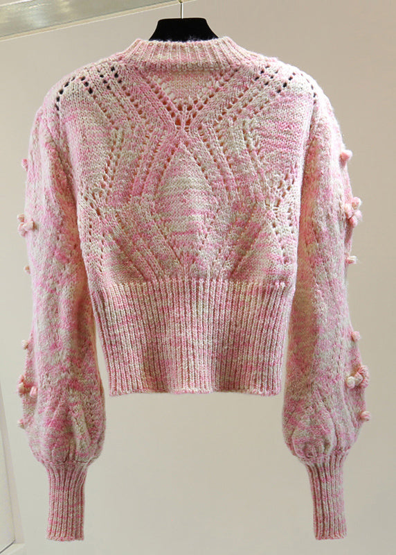 Cute Pink Embroidered Hollow Out Floral Cotton Knit Sweater Winter