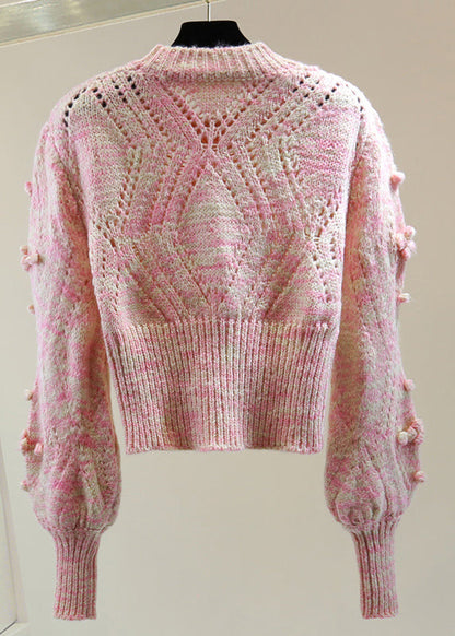 Cute Pink Embroidered Hollow Out Floral Cotton Knit Sweater Winter