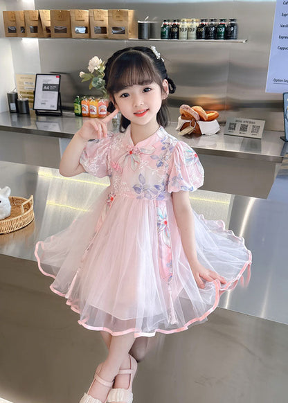 Cute Pink Embroideried Chinese Button Patchwork Tulle Baby Girls Dresses Summer
