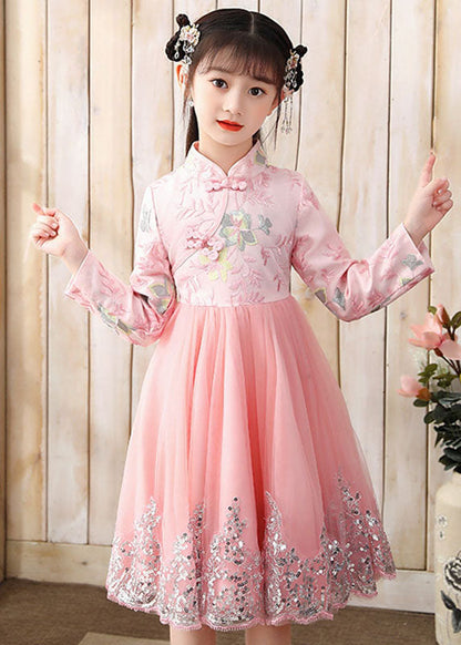 Cute Pink Embroideried Patchwork Tulle Girls Long Dress Fall