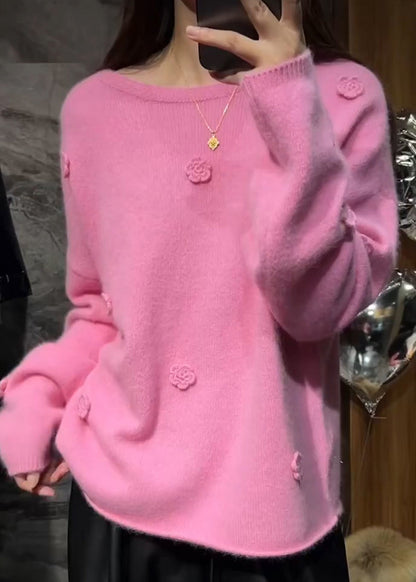 Cute Pink Floral Thick Cotton Knit Sweaters Long Sleeve