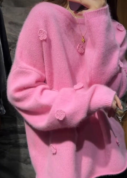 Cute Pink Floral Thick Cotton Knit Sweaters Long Sleeve