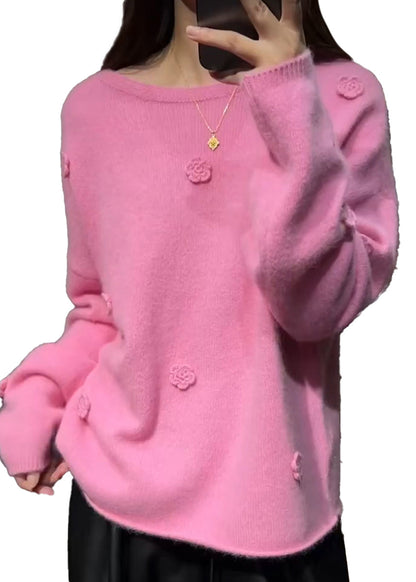 Cute Pink Floral Thick Cotton Knit Sweaters Long Sleeve