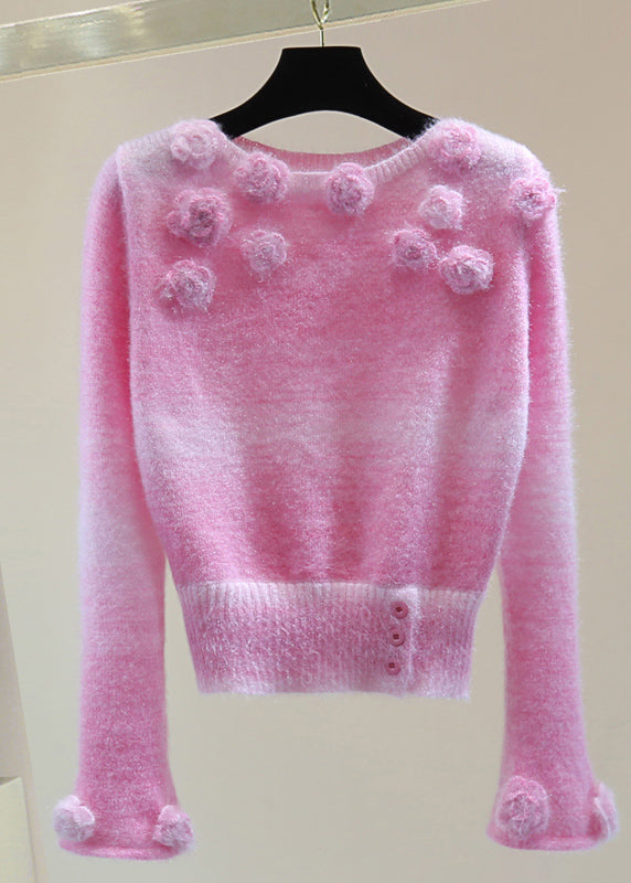 Cute Pink Floral Thick Cotton Knit Sweaters Winter