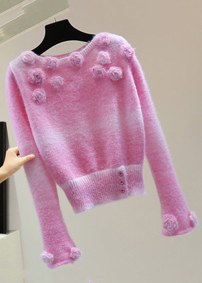 Cute Pink Floral Thick Cotton Knit Sweaters Winter