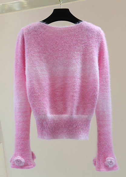 Cute Pink Floral Thick Cotton Knit Sweaters Winter